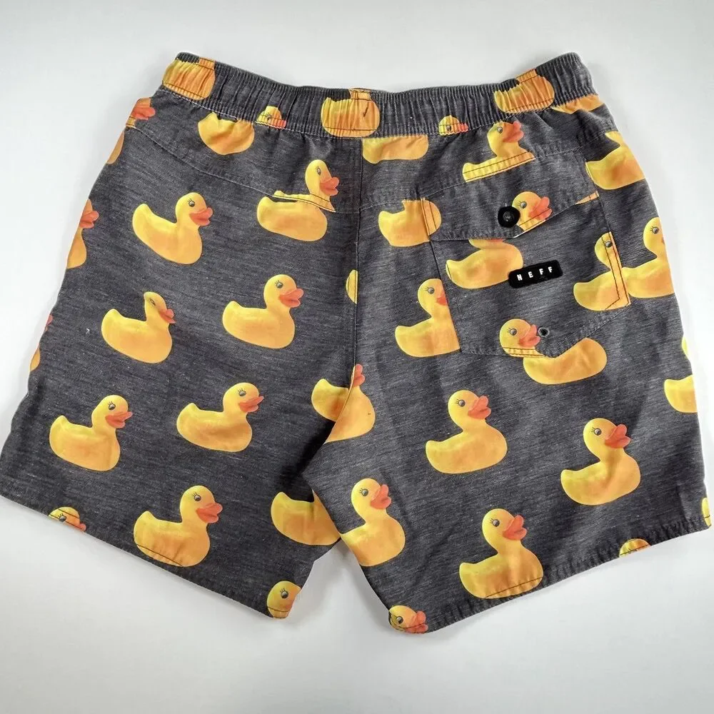 Neff Rubber Duck Print Quick Dry Trunks Swim Shorts Summer Fun Mens Small Gray